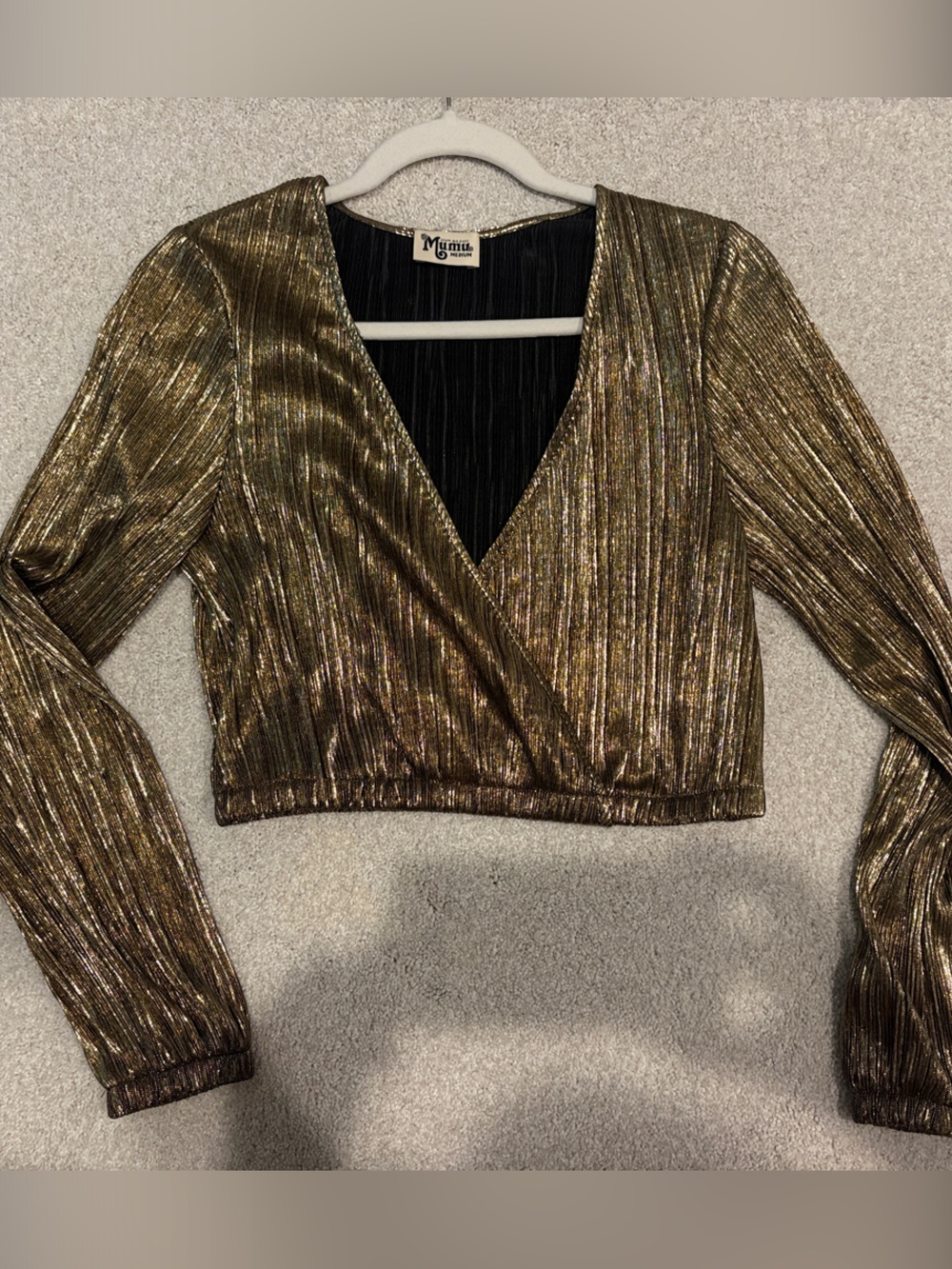 Show me your mumu Metallic Gold Shimmer Wrap Top
